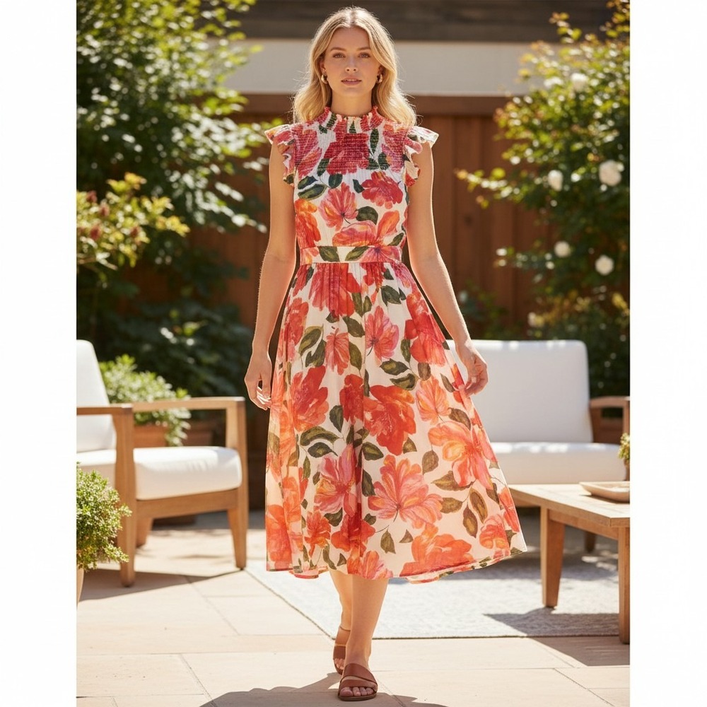 Nina Leonard Floral Smocked High Neck Ruffle Midi Dress Pink Orange Size M